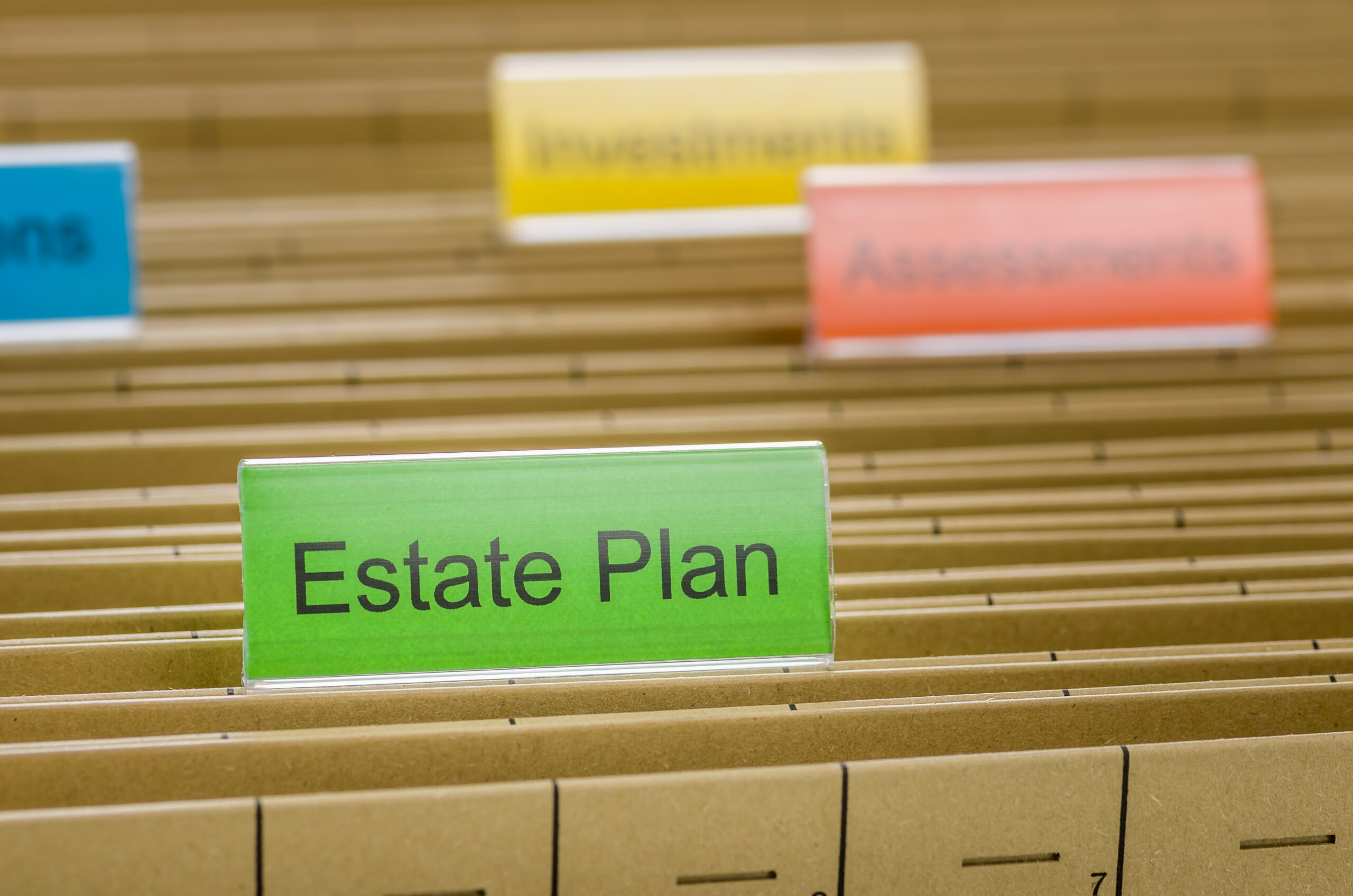 Row of hanging files. Front file is labeled "Estate Plan"