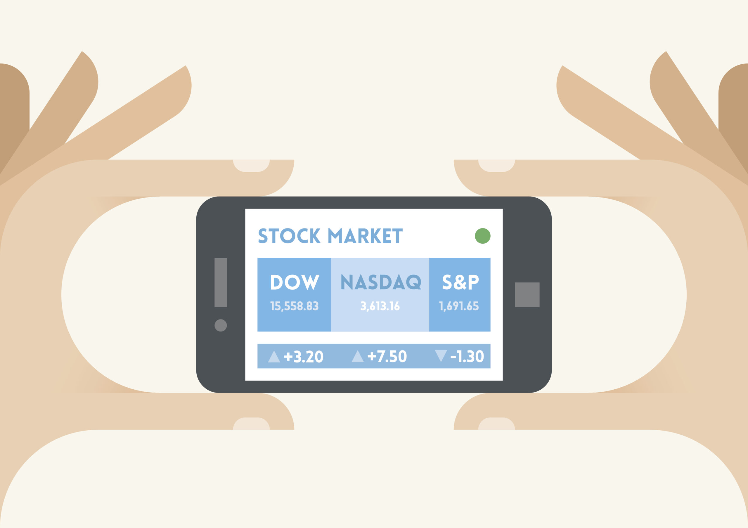 United States stock market indices ticker on the mobile phone