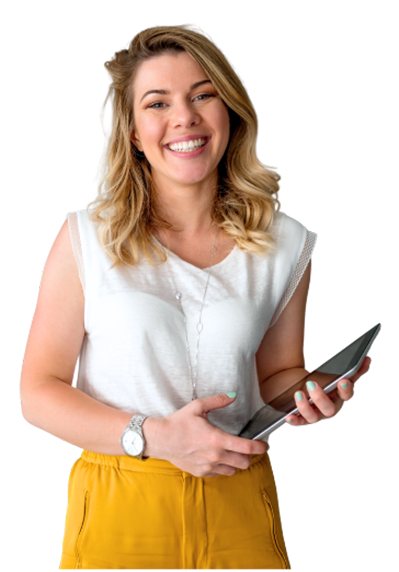 woman smiling at her mobile phone